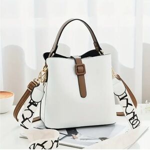 White with Brown Accented Crossbody Bucket Handbag NIP